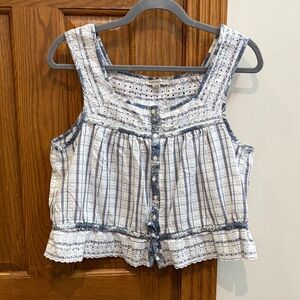 American Eagle Blue & White Print Eyelet Sleeveless Top Cottagecore Beach Boho